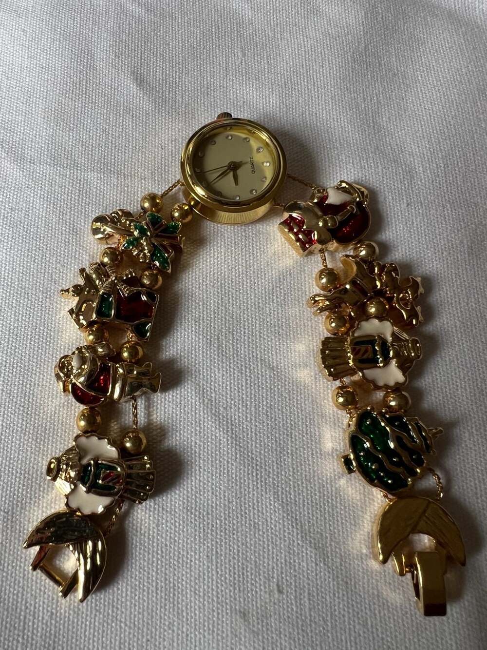 Jennie B Enamel Christmas Slide Charm Bracelet Watch Gold Tone Holiday